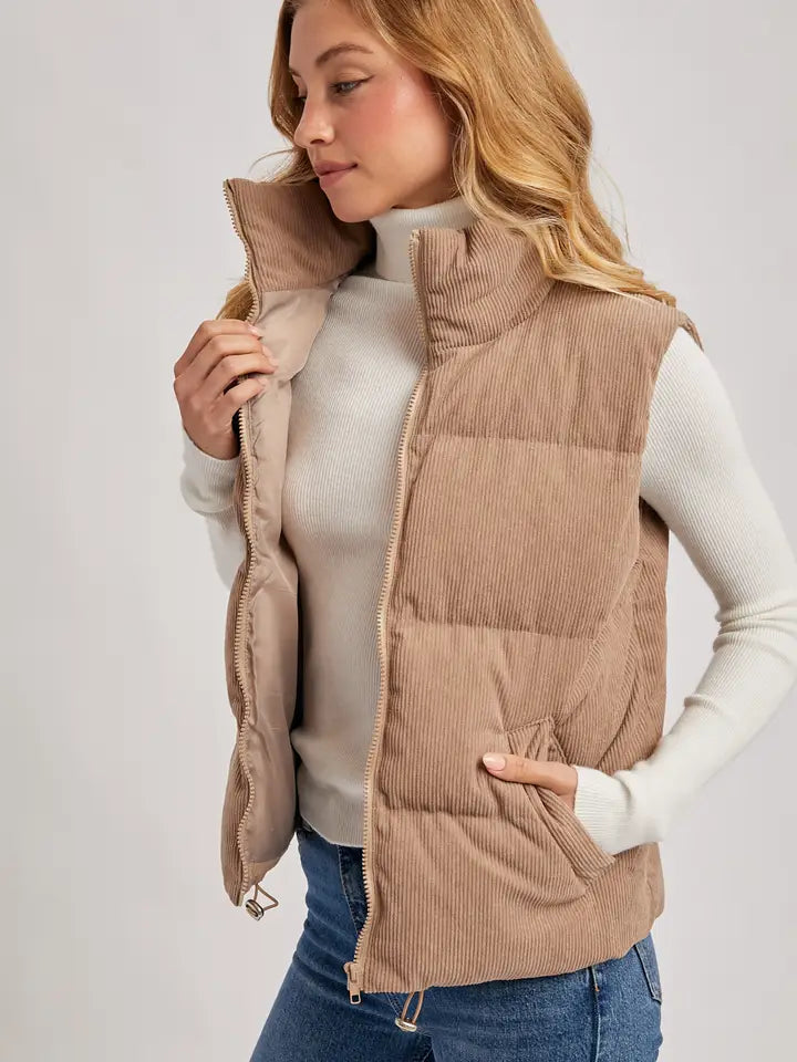 Corduroy Quilted Puffer Vest | Zip-Front Sleeveless Layering Vest