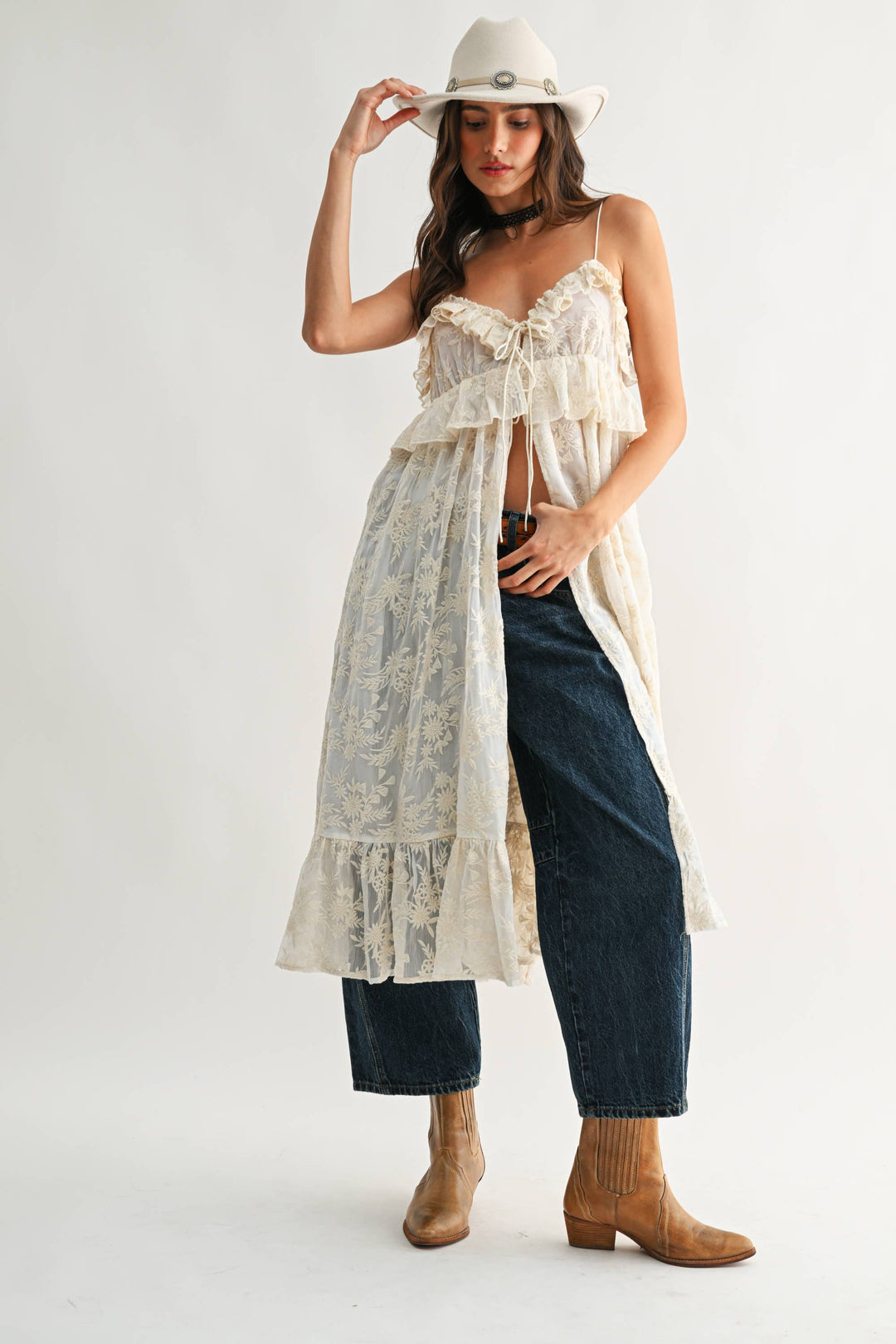 CJT27085 Sheer Floral Lace Ruffle Cover Up Top
