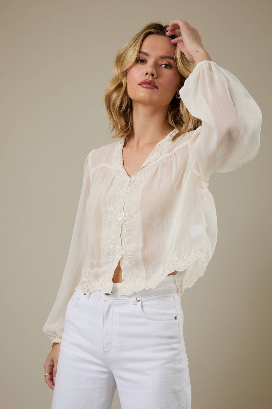 LONG SLEEVE EYELET YOKE CHIFFON BLOUSE