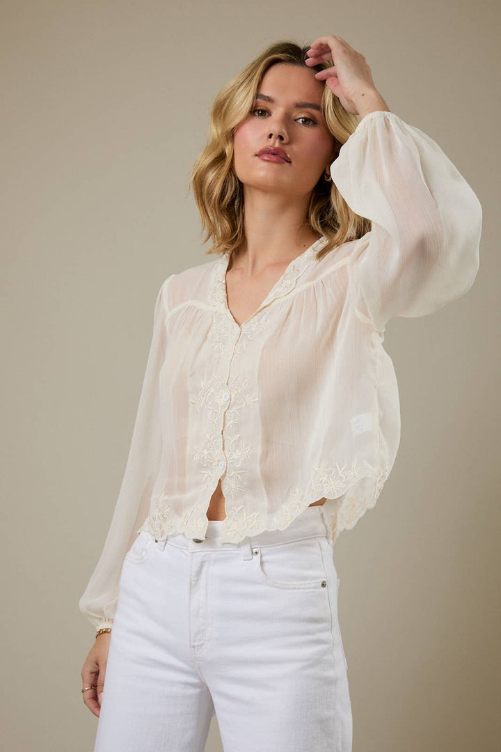 LONG SLEEVE EYELET YOKE CHIFFON BLOUSE