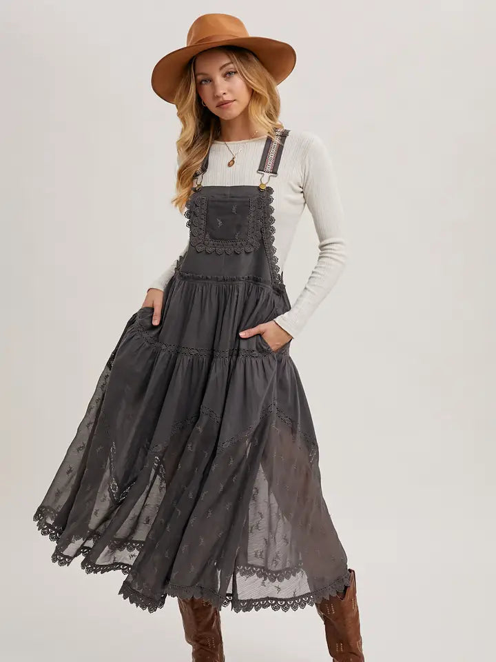 Lace Embroidered Tulle Bib Maxi Dress