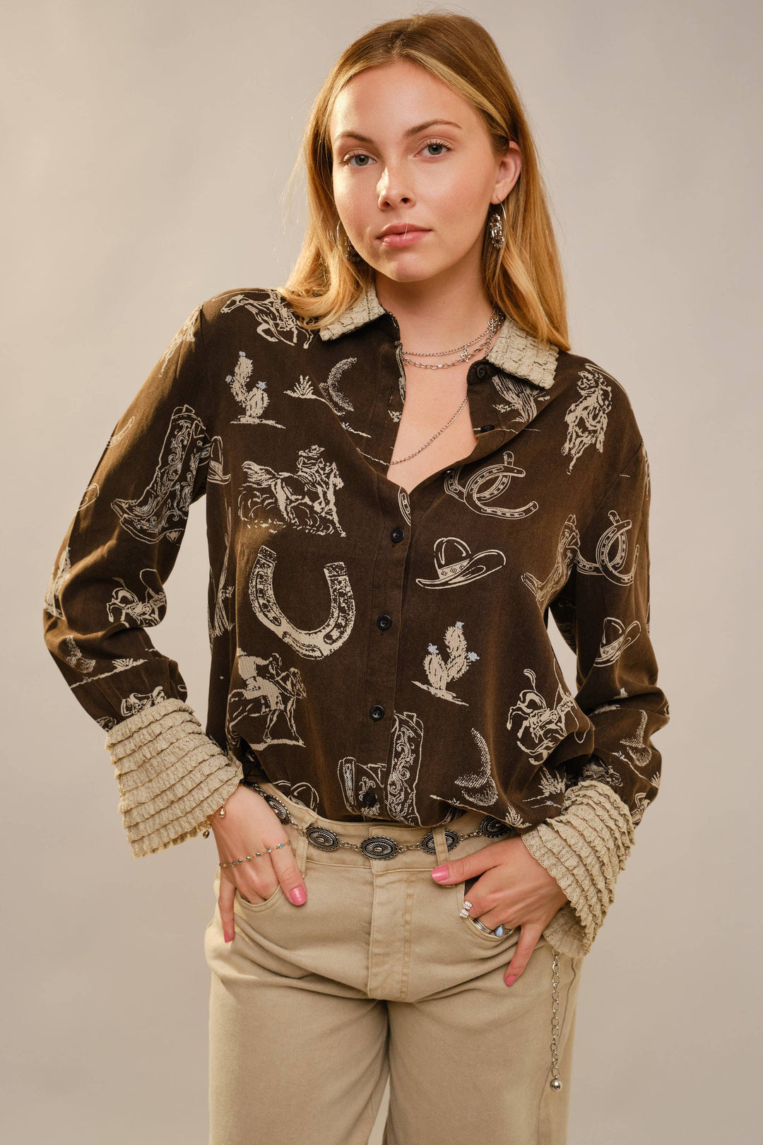 Western Printed Ruffle Cuff Shirt