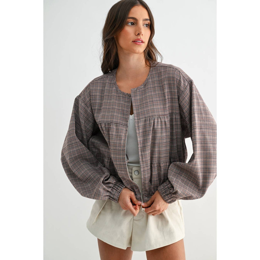 PLAID BALLON SLEEVE ZIP-UP JACKET