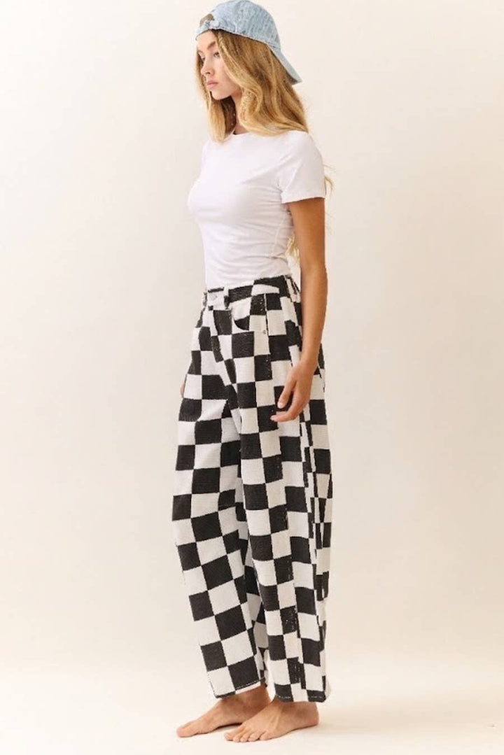 Checkered Printed Barrel Denim Pants