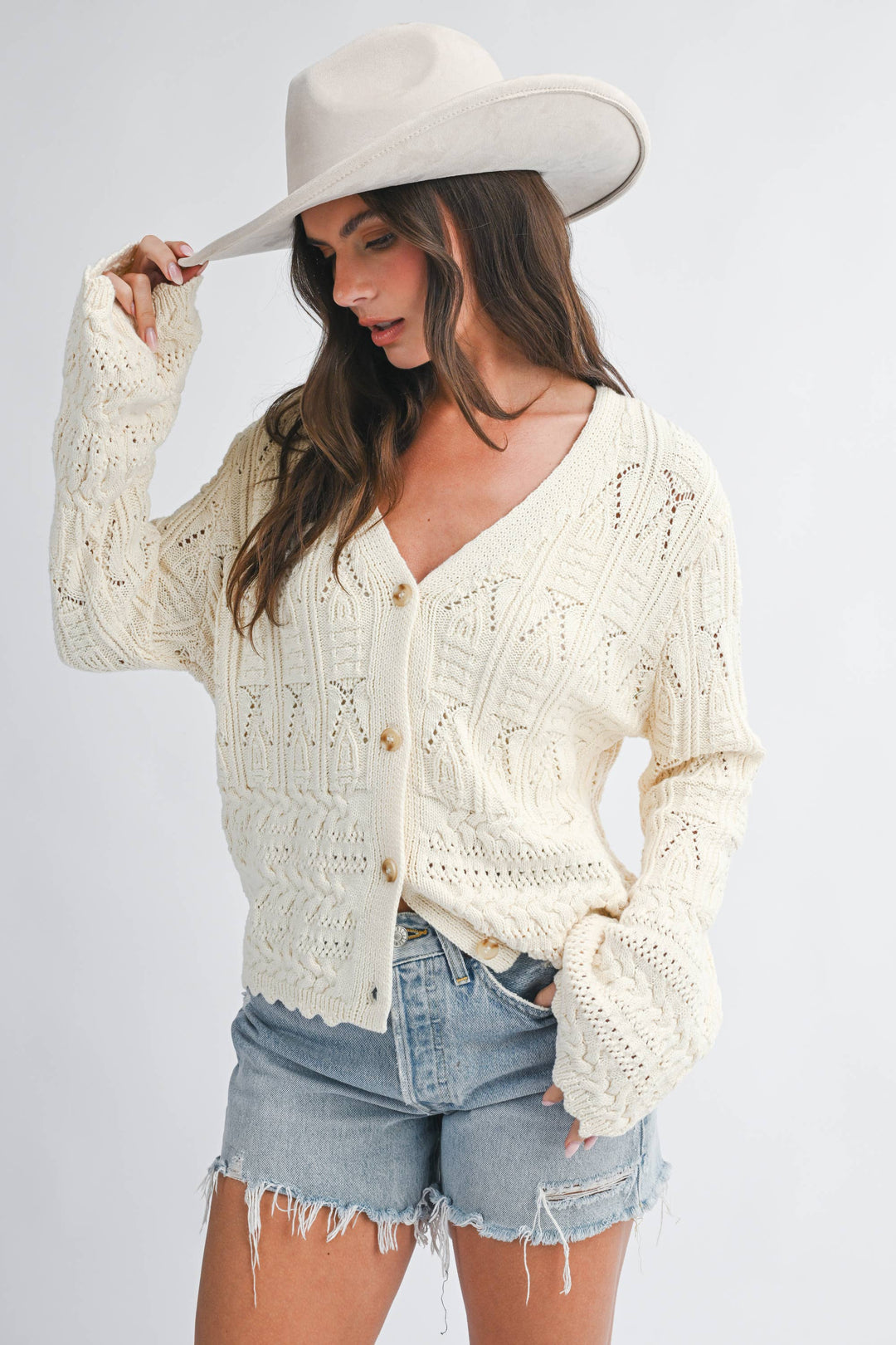5201HK Textured Pointelle Button Front Cardigan Top