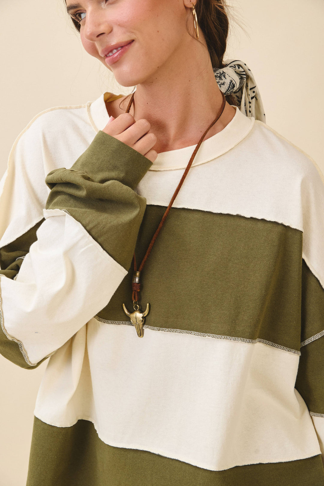 8551GN Contrast Panel Long Sleeve Slouchy Top