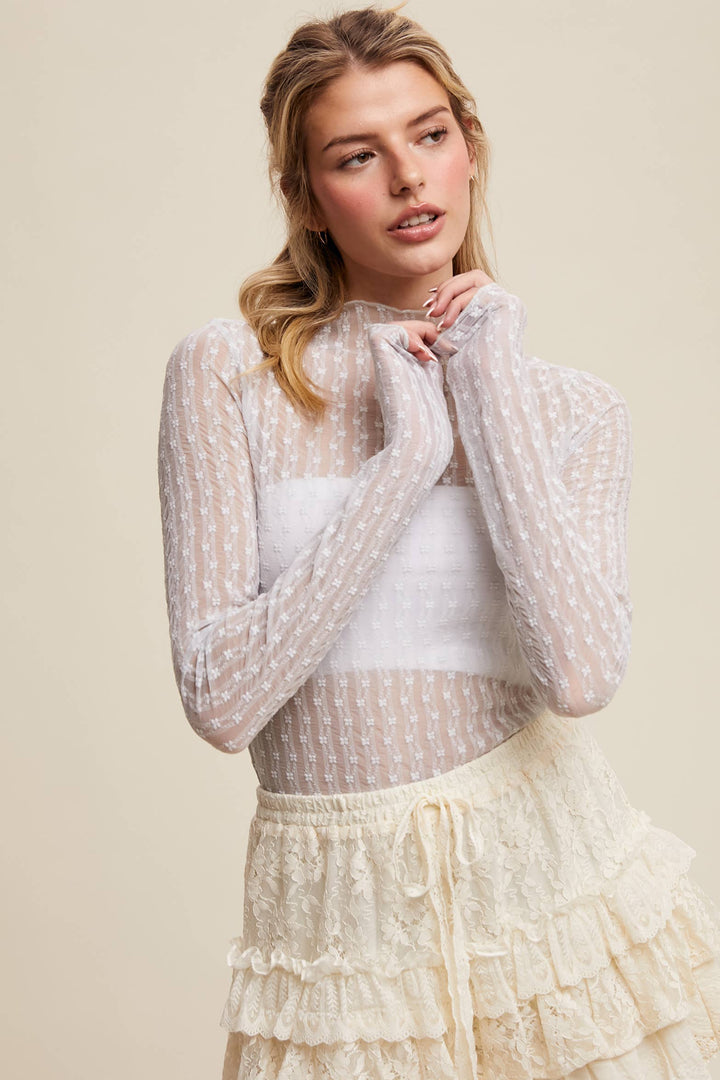 Semi Sheer Textured Lace Long-Sleeve Layering Top LT1424