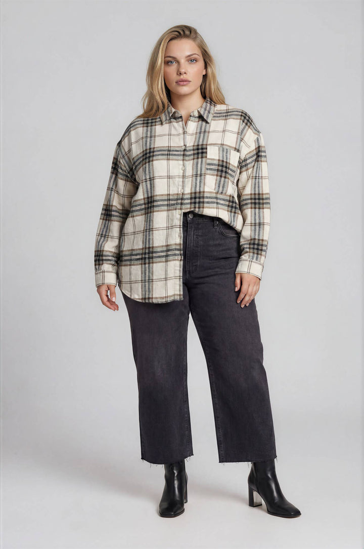 PLUS PLAID BOXY BUTTON COLLARED LONG SLEEVE SHIRT