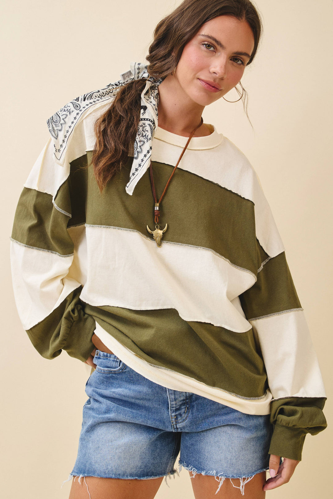 8551GN Contrast Panel Long Sleeve Slouchy Top