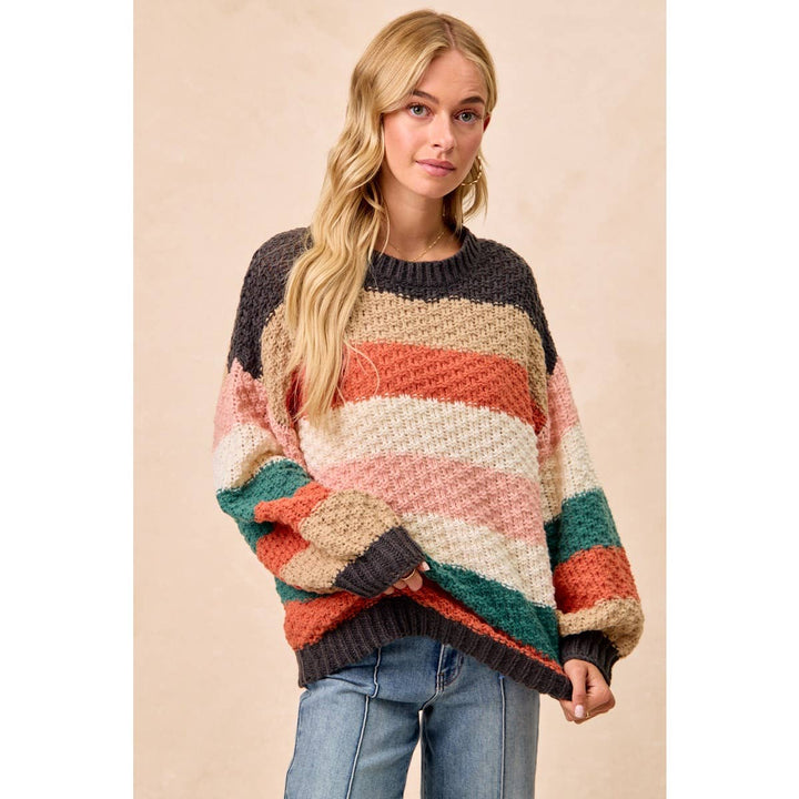 STRIPES COLOR BLOCK CHUNKY SWEATER PULLOVER