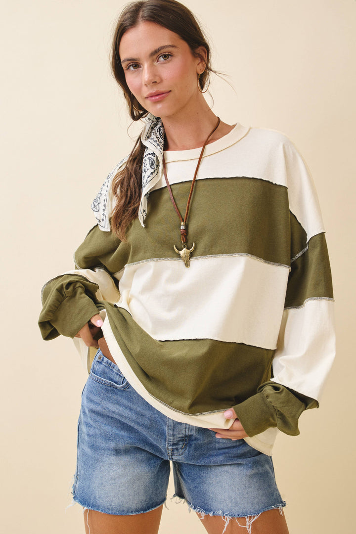 8551GN Contrast Panel Long Sleeve Slouchy Top