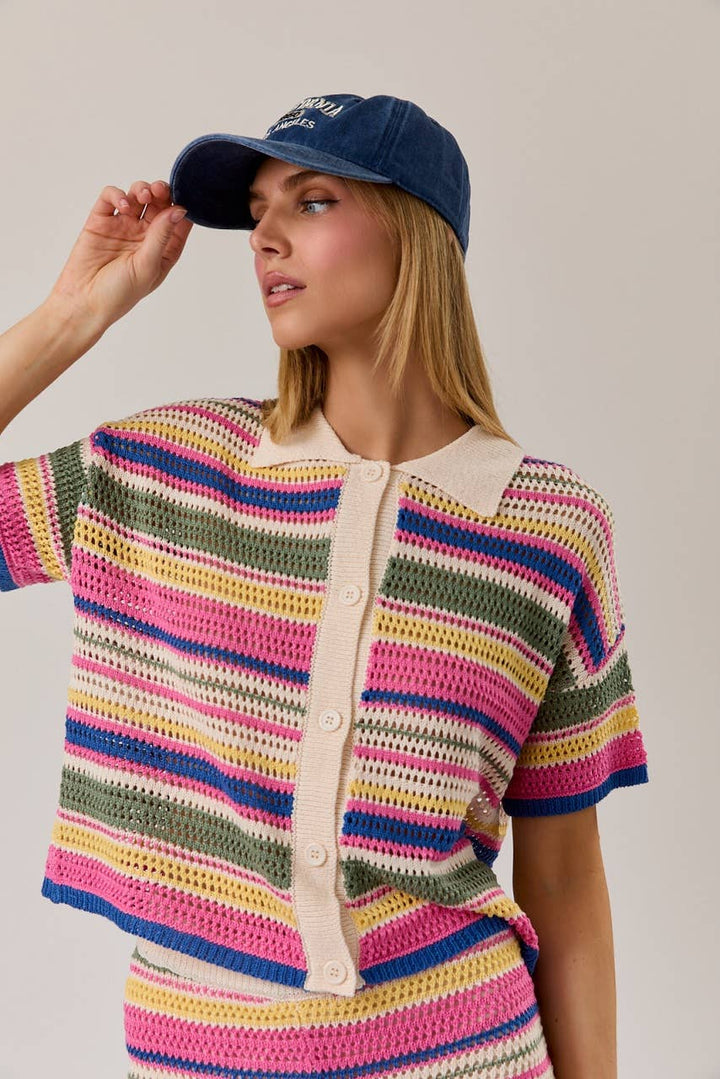 COLLARED NECK STRIPE CROCHET BUTTON DOWN TOP