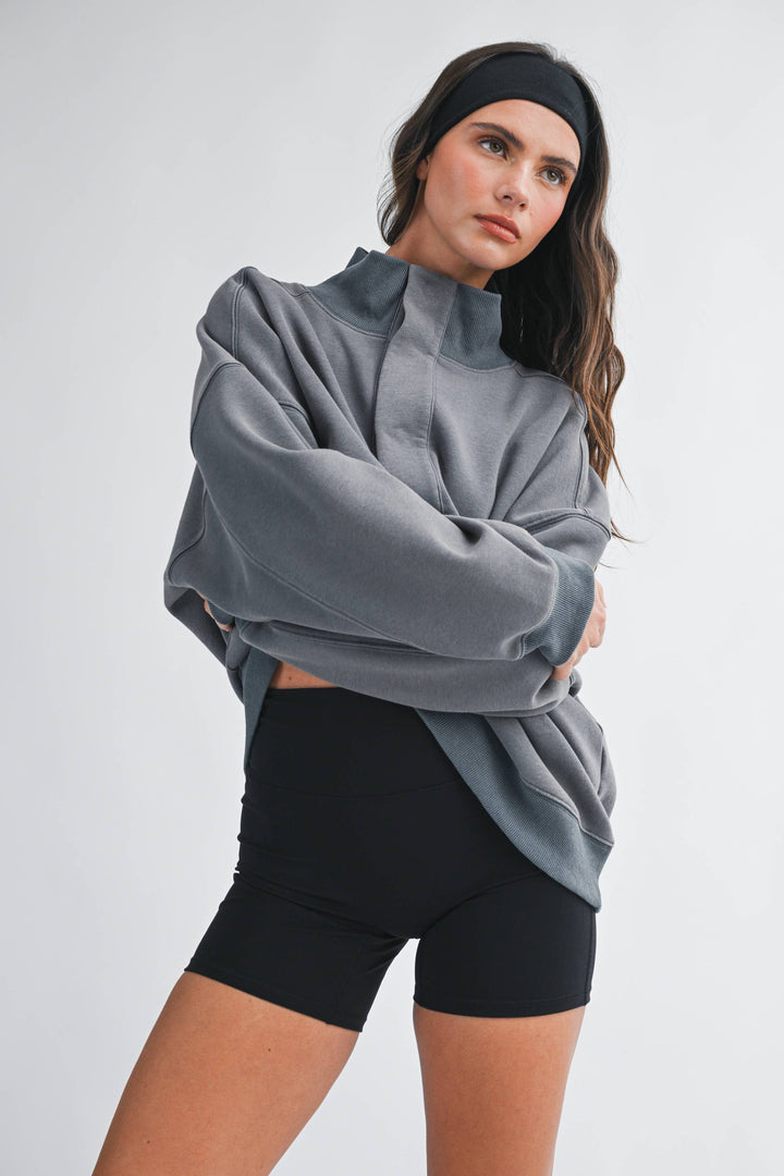 Oversized Snap Neck Pullover Sweatshirt
