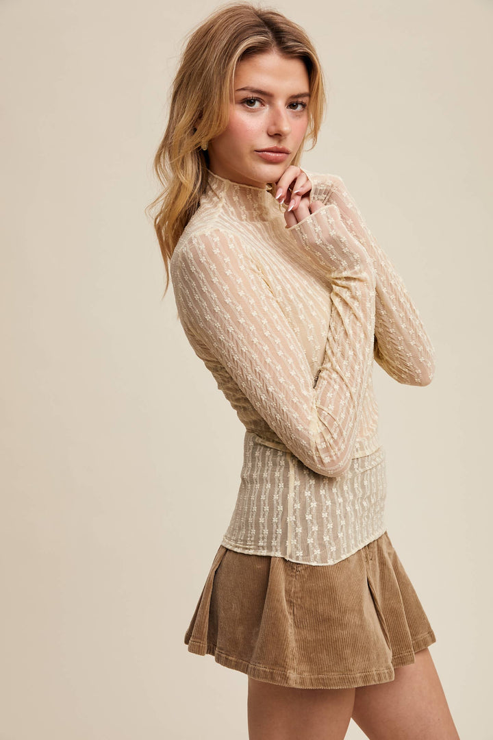 Semi Sheer Textured Lace Long-Sleeve Layering Top LT1424