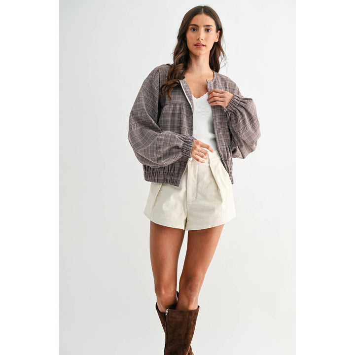 PLAID BALLON SLEEVE ZIP-UP JACKET