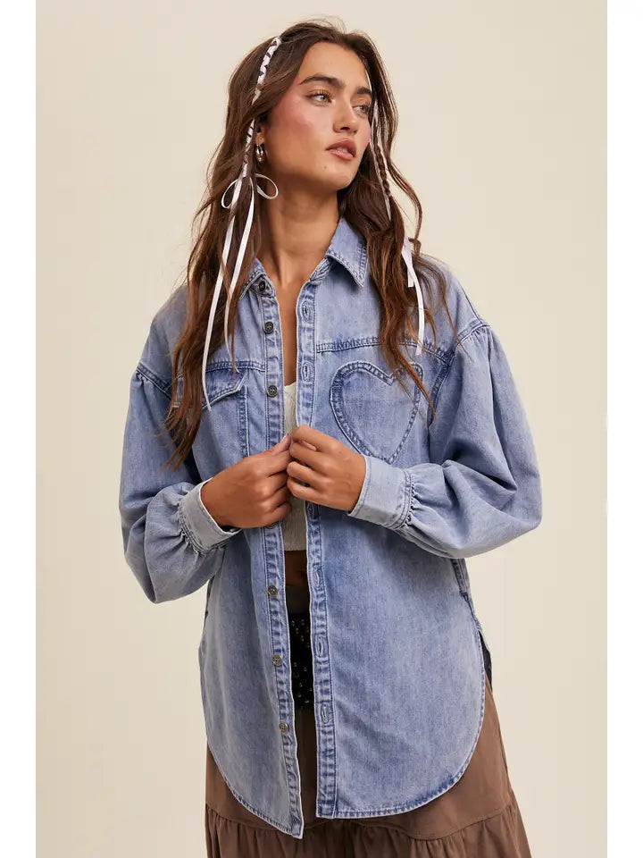 Heart Detail Oversized Denim Shirt