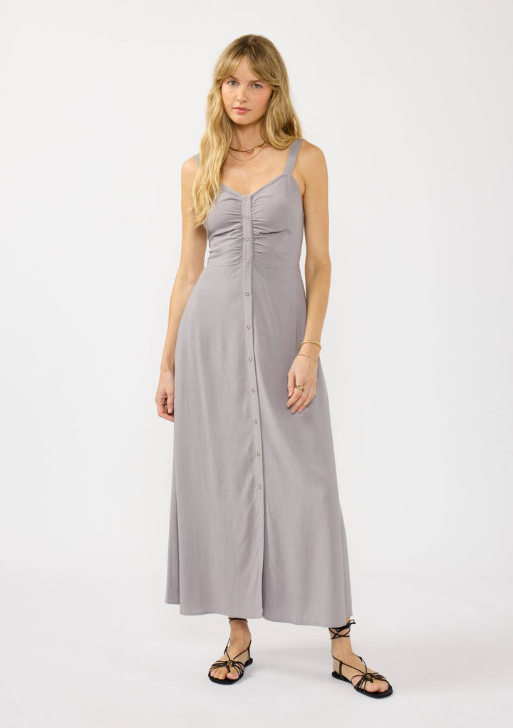 V-Neck Ruched Button Down Maxi Dress