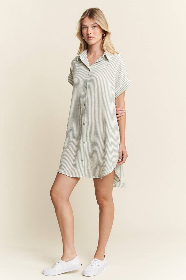 PLUS SIZE STRIPED PASTEL BUTTON DOWN MINI DRESS