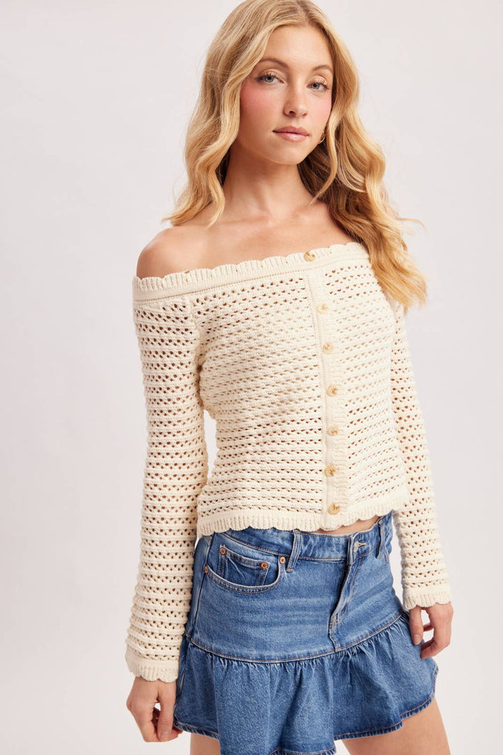 OPEN KNIT SCALLOPED TRIM OFF THE SHOULDER SWEATER TOP