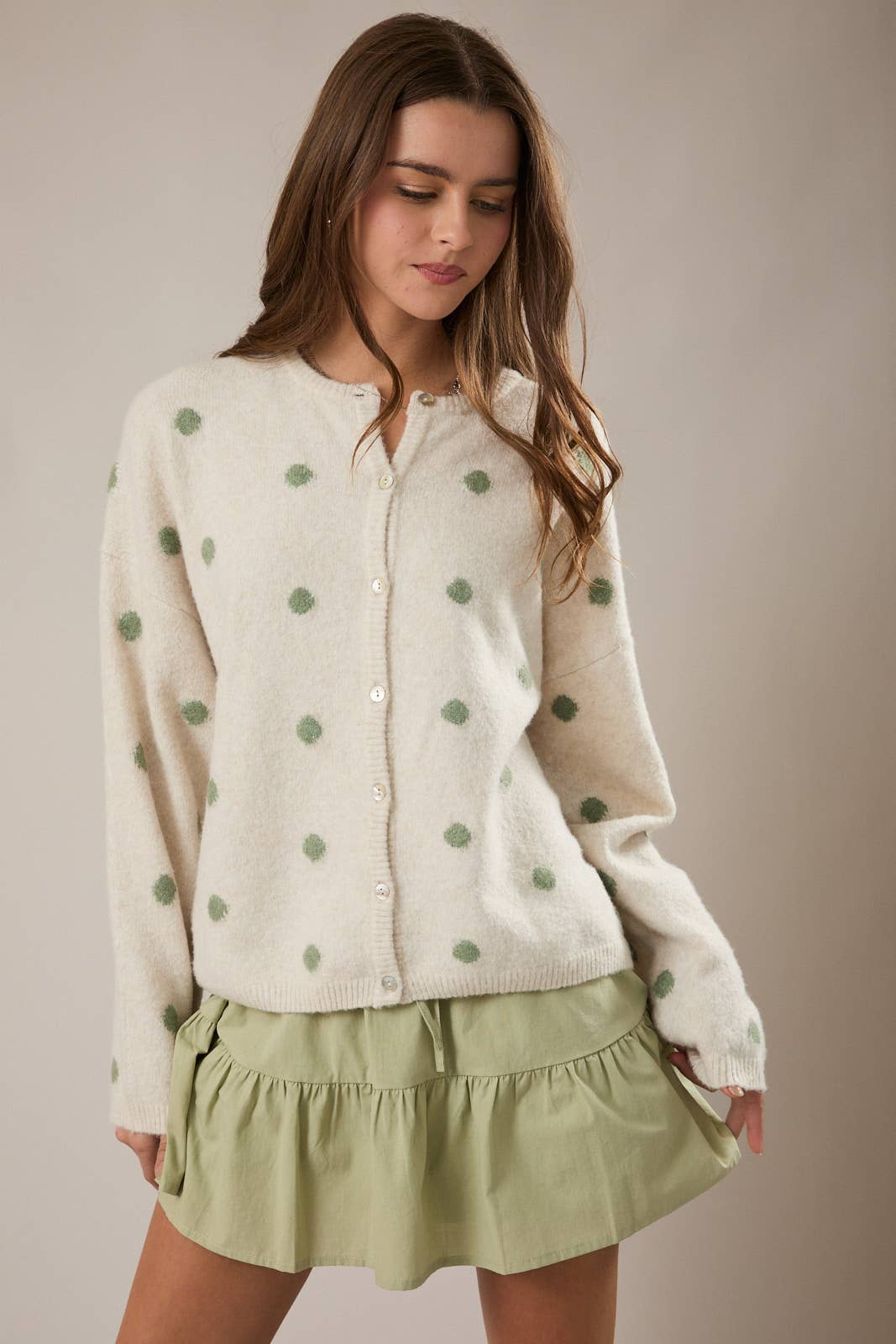 LONG SLEEVE CREW NECK POLKA DOT SWEATER CARDIGAN