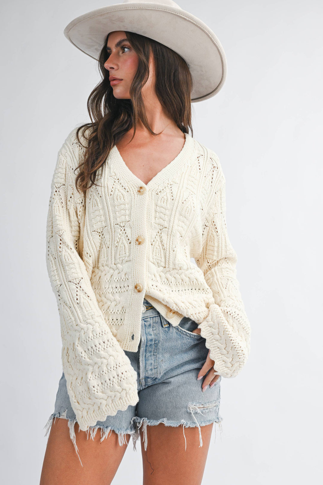 5201HK Textured Pointelle Button Front Cardigan Top