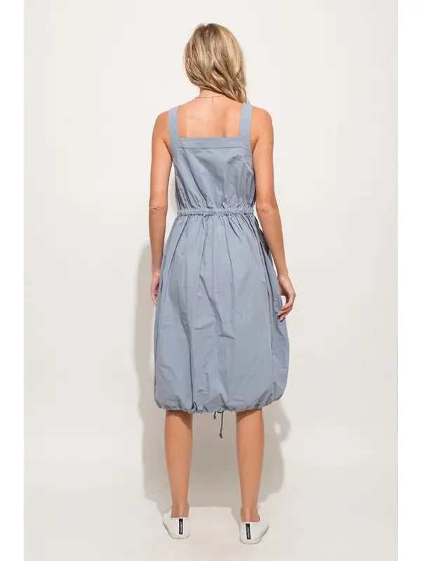 Front Zipper Overall Dress | Adjustable Drawstring Utility Midi Dress