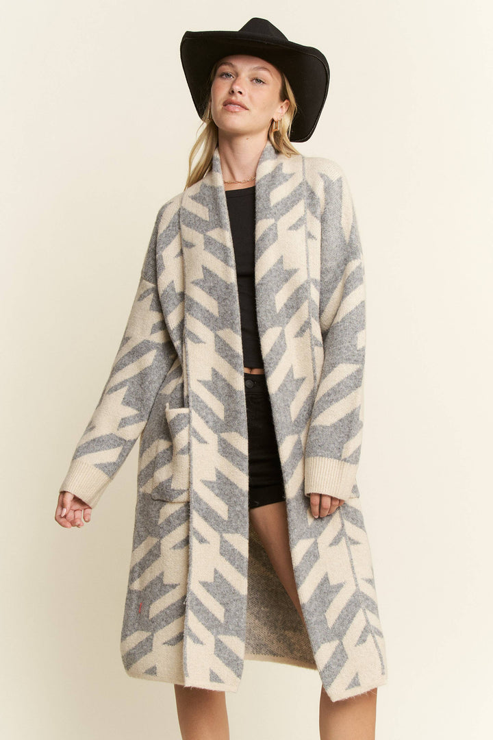 PLUS SIZE GIANT HOUNDSTOOTH PRINT CARDIGAN