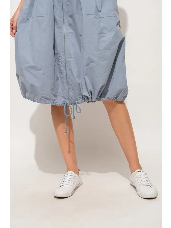 Front Zipper Overall Dress | Adjustable Drawstring Utility Midi Dress