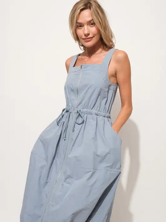 Front Zipper Overall Dress | Adjustable Drawstring Utility Midi Dress