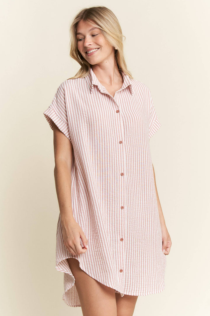 PLUS SIZE STRIPED PASTEL BUTTON DOWN MINI DRESS