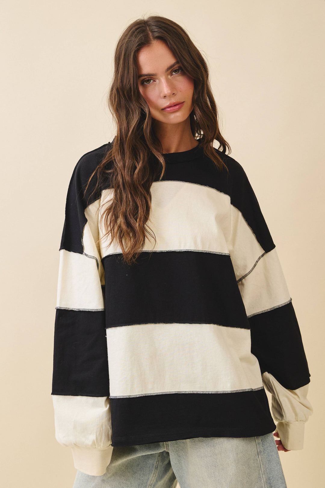 8551GN Contrast Panel Long Sleeve Slouchy Top