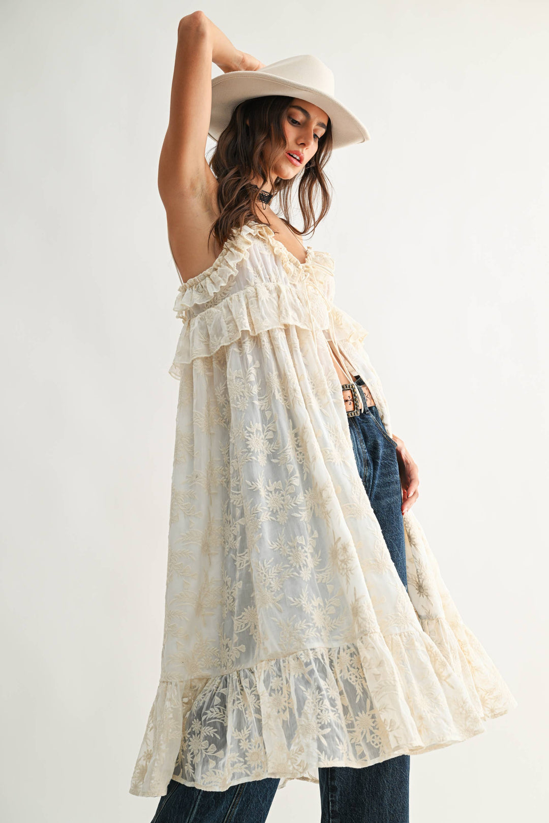 CJT27085 Sheer Floral Lace Ruffle Cover Up Top