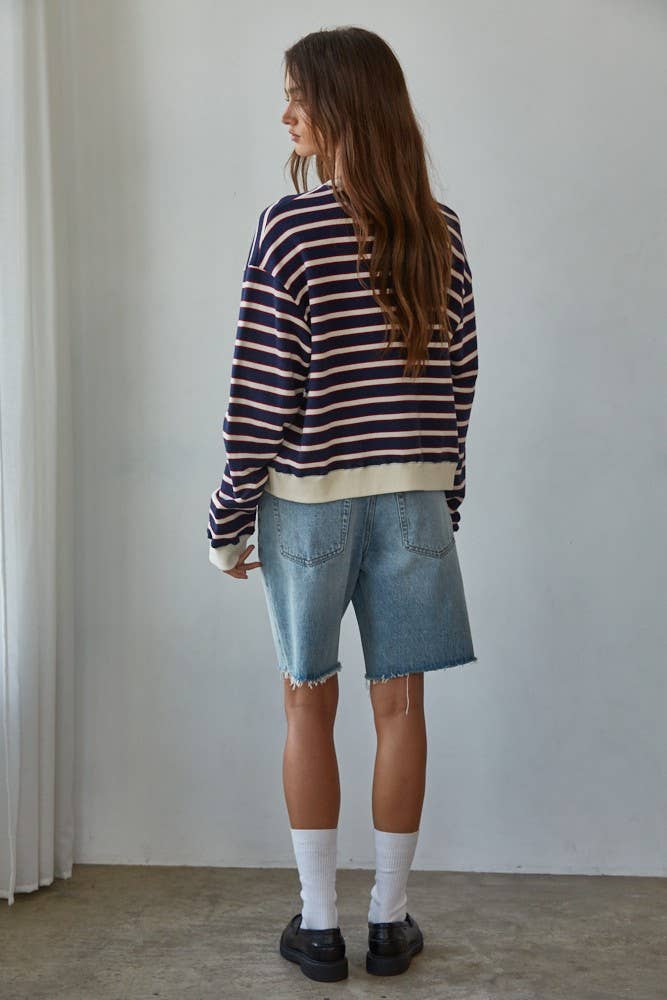 L8745 | Knit Cotton Striped Crew Neck Long Sleeve Sweatshirt