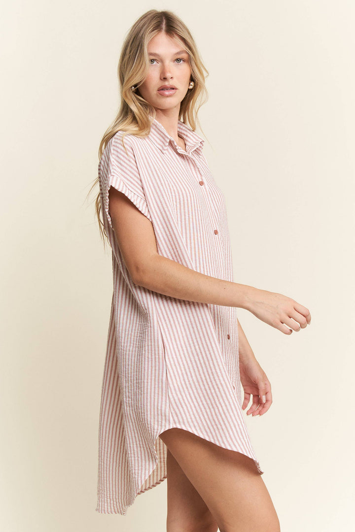 PLUS SIZE STRIPED PASTEL BUTTON DOWN MINI DRESS