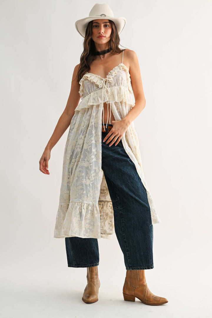 CJT27085 Sheer Floral Lace Ruffle Cover Up Top