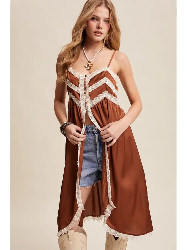 Lace Trim Maxi Cami Top | Boho Button-Front High-Low Layering Top