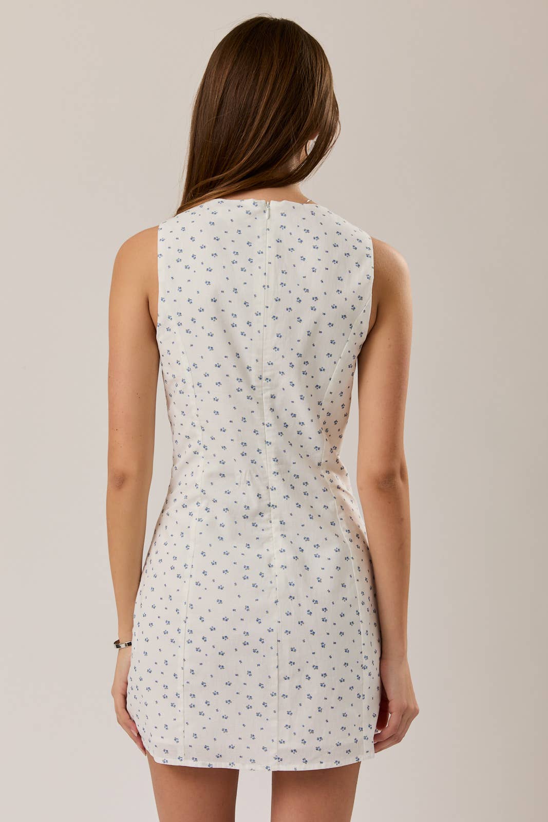 SLEEVELESS HIGH NECK DITSY PRINT MINI DRESS