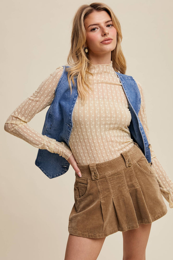 Semi Sheer Textured Lace Long-Sleeve Layering Top LT1424