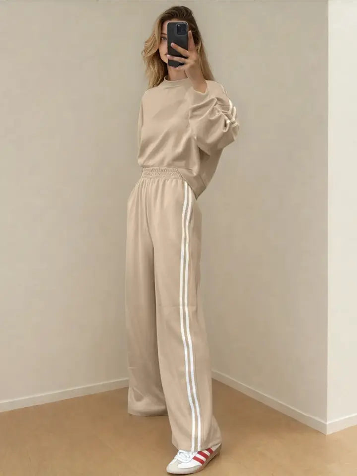 Oatmeal Varsity Athleisure Set | Pullover Sweater & Wide-Leg Pants Matching Set