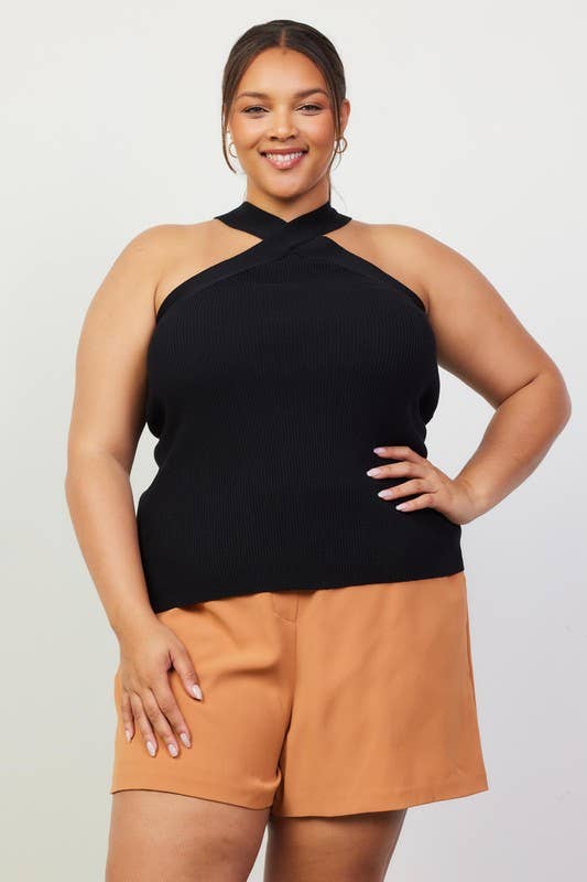 Plus Size Crossed Neck Sleeveless Sweater Top