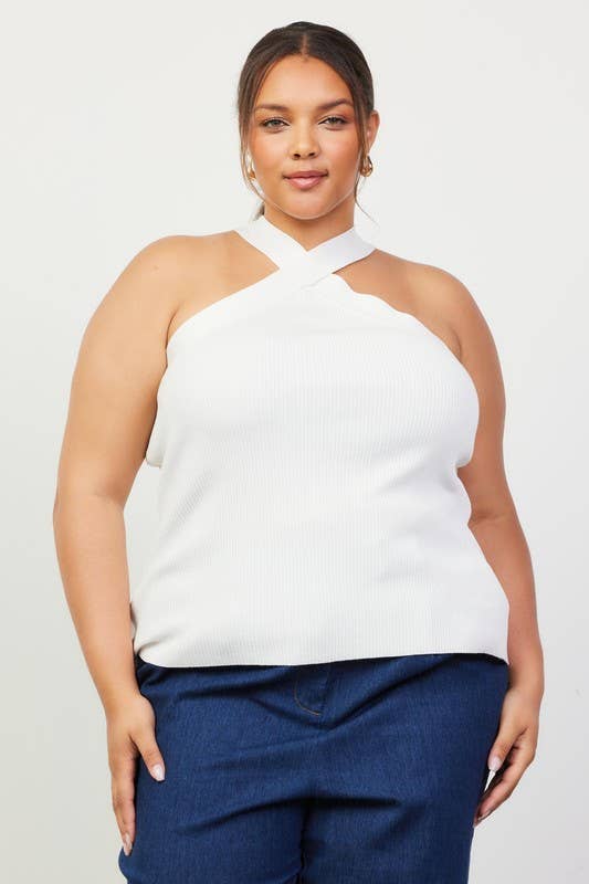 Plus Size Crossed Neck Sleeveless Sweater Top