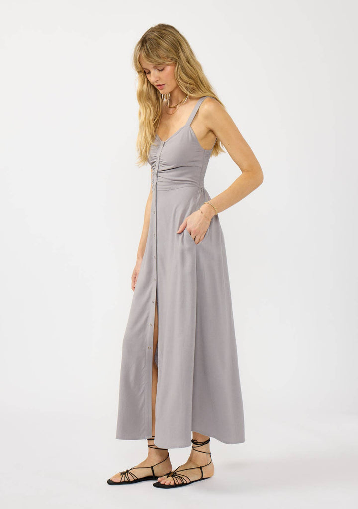 V-Neck Ruched Button Down Maxi Dress