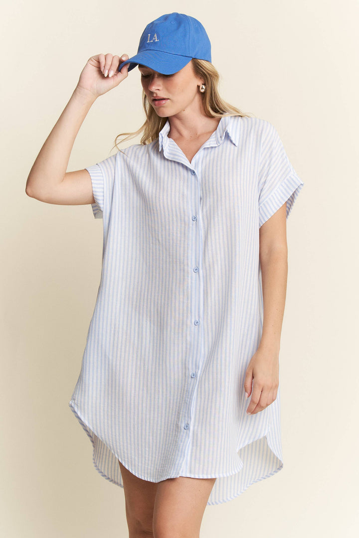 PLUS SIZE STRIPED PASTEL BUTTON DOWN MINI DRESS