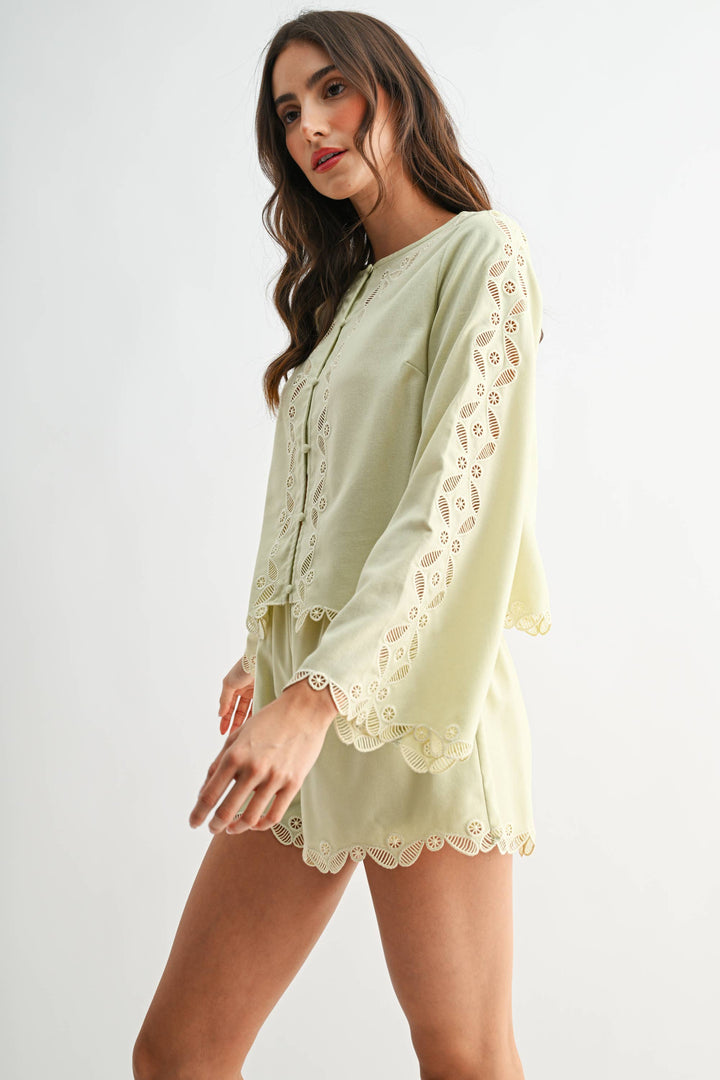 CS10207 Button-Front Lace Top and Short Set