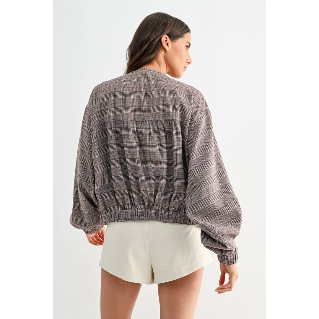 PLAID BALLON SLEEVE ZIP-UP JACKET