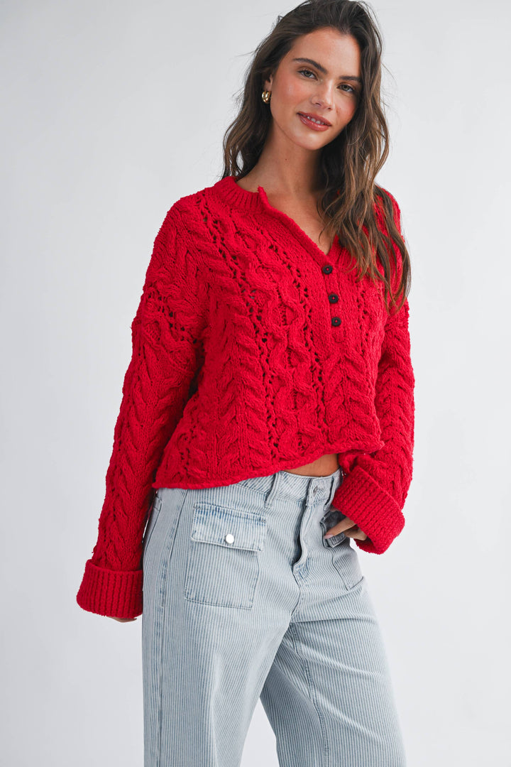 3463HK Textured Cropped Henley Knit Sweater