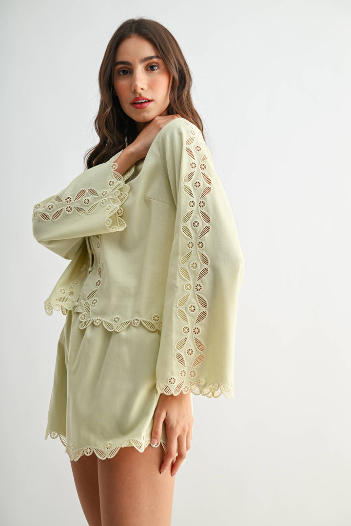 CS10207 Button-Front Lace Top and Short Set