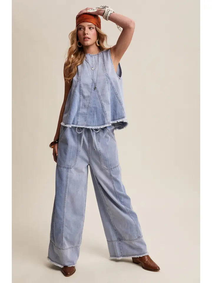 Washed Denim Tank & Wide-Leg Pants Set | Boho Western Denim Two-Piece
