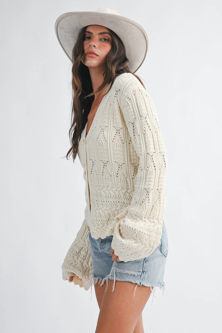 5201HK Textured Pointelle Button Front Cardigan Top
