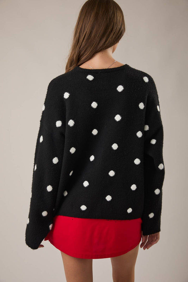 LONG SLEEVE CREW NECK POLKA DOT SWEATER CARDIGAN